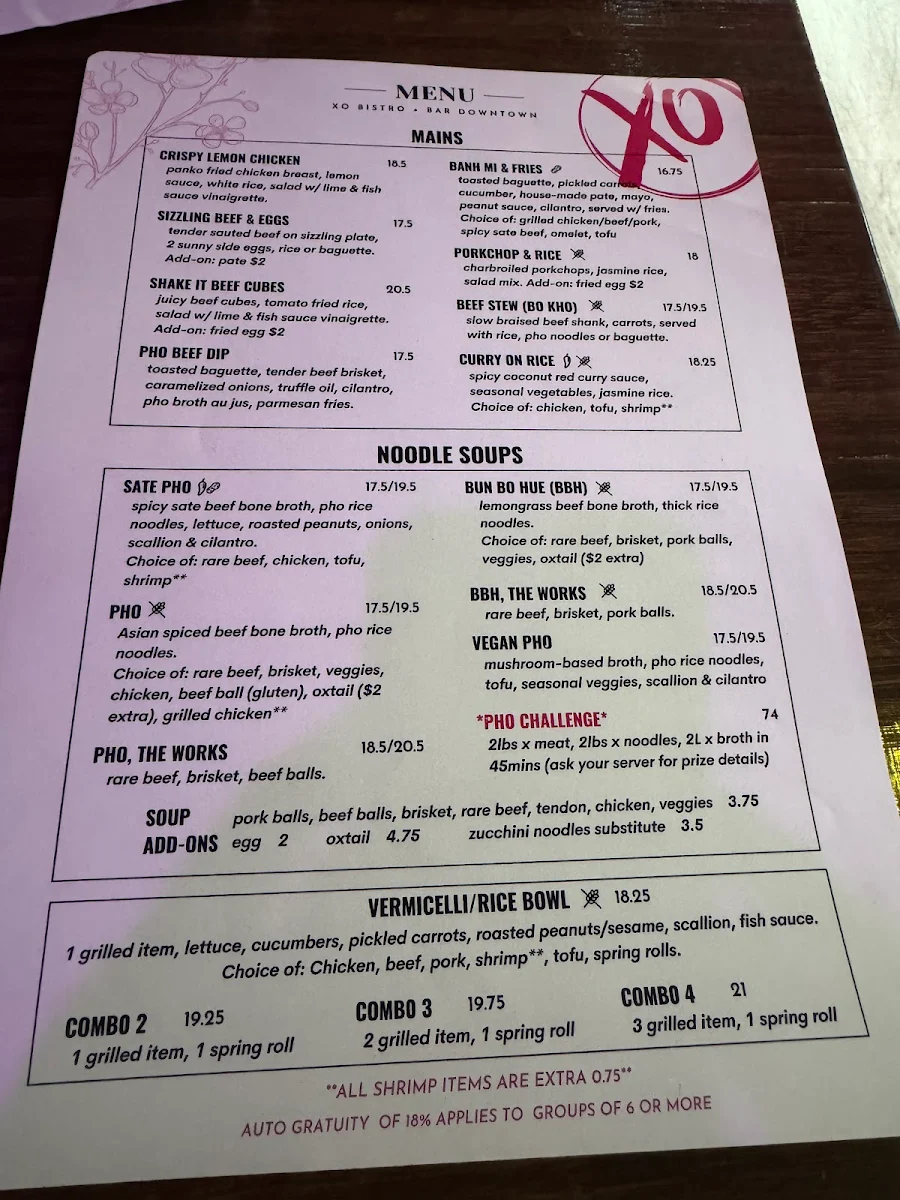 Menu, XO Bistro + Bar Downtown