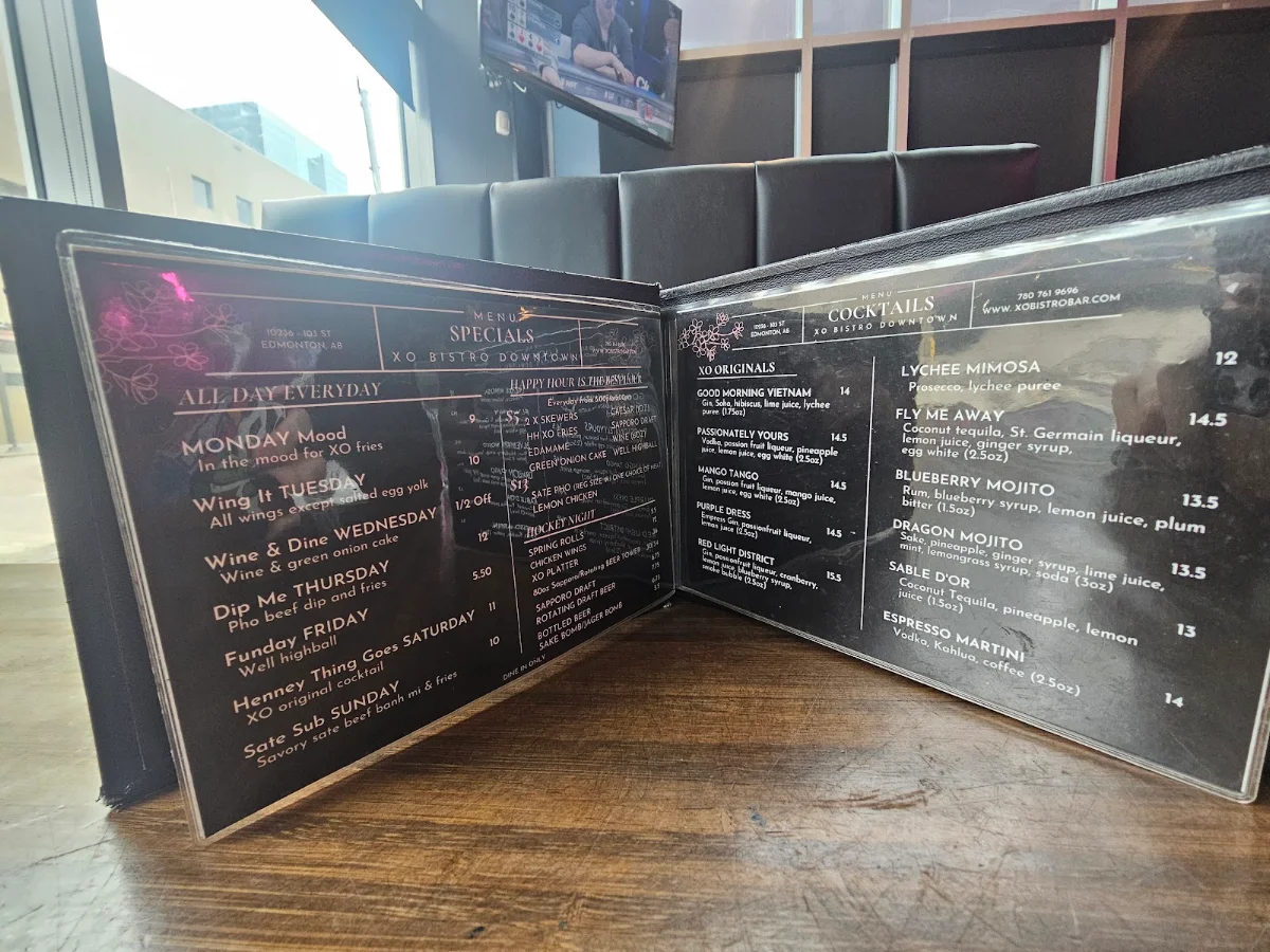 Menu, XO Bistro + Bar Downtown