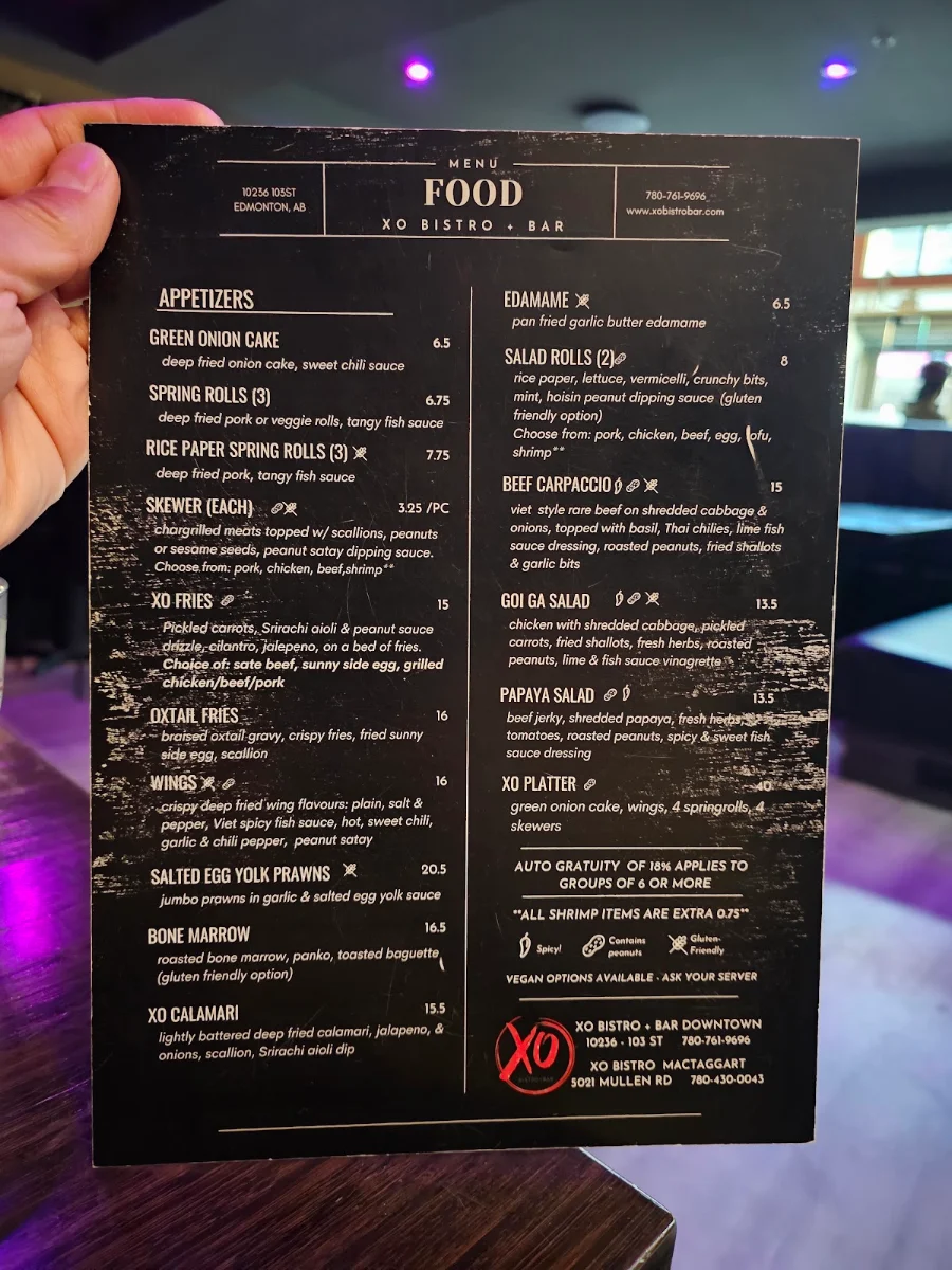 Menu, XO Bistro + Bar Downtown
