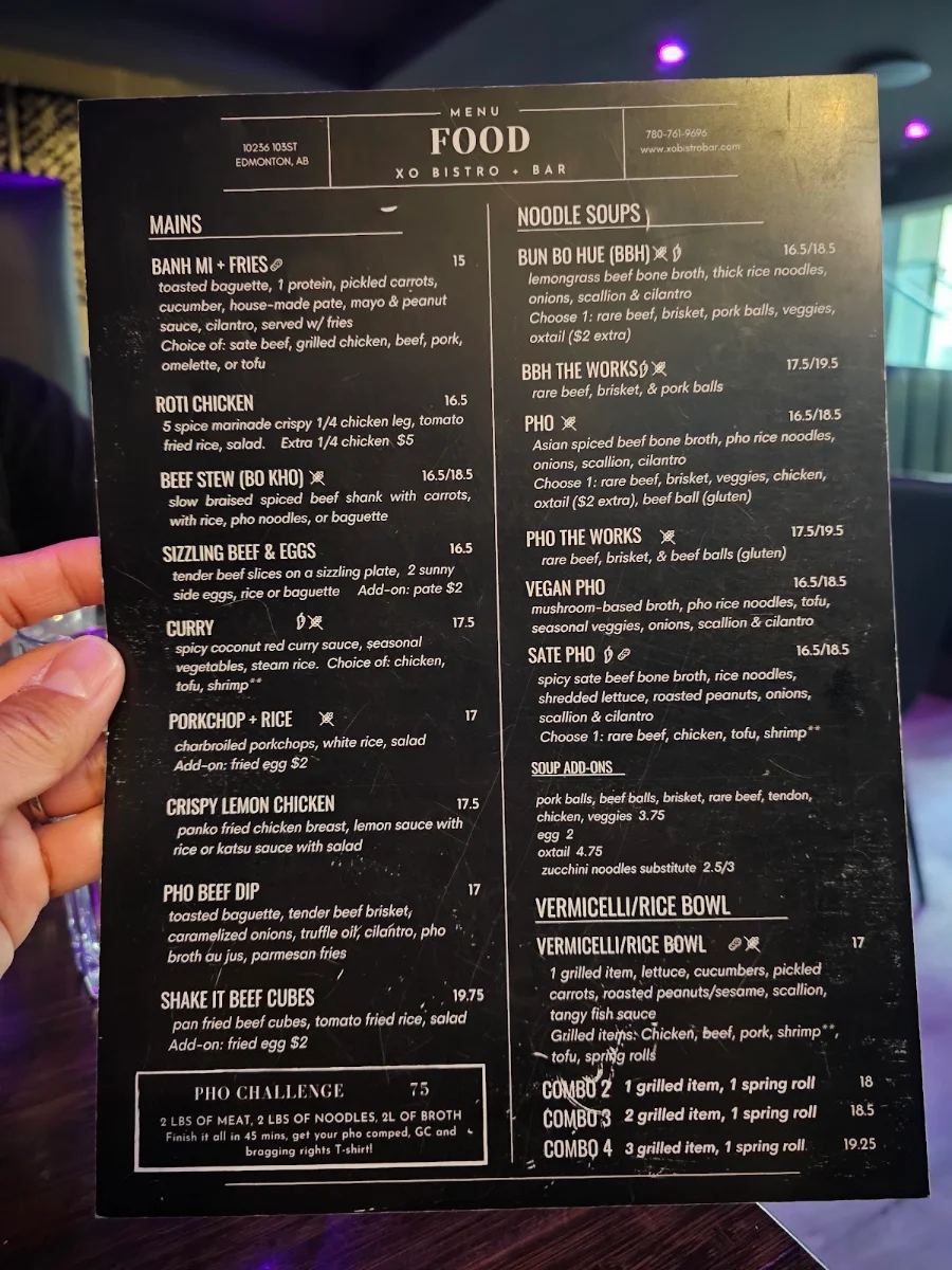 Menu, XO Bistro + Bar Downtown