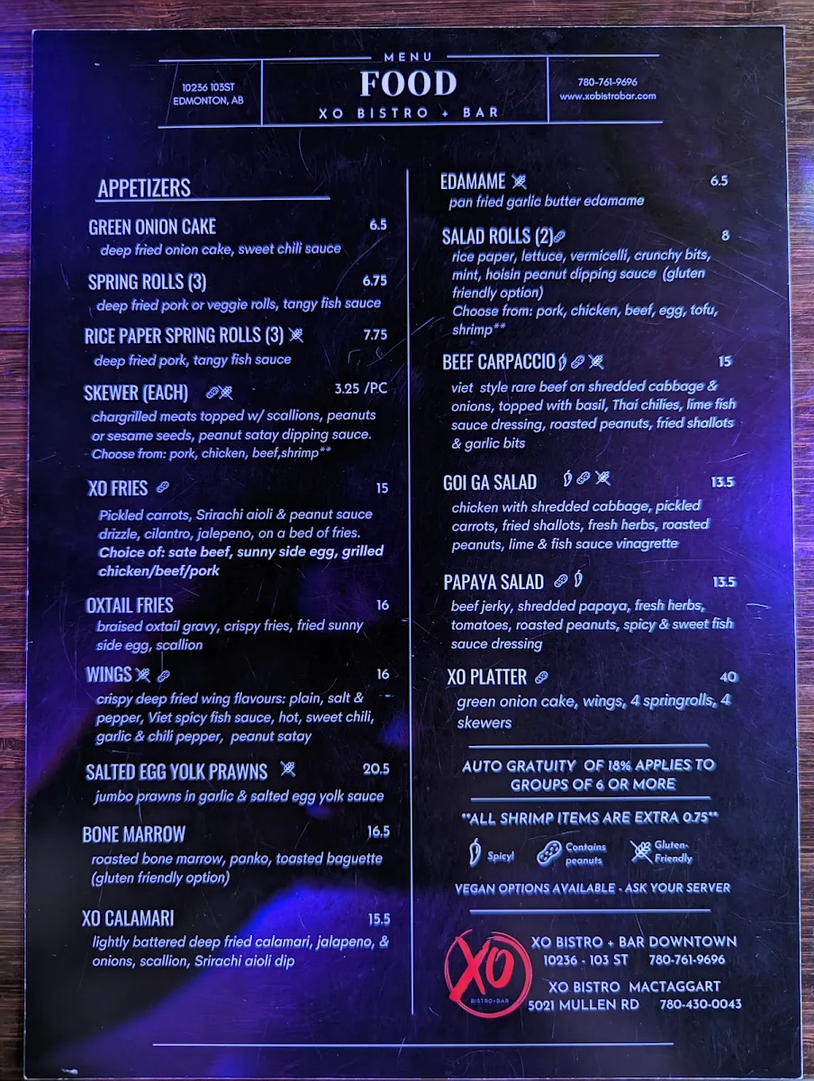 Menu, XO Bistro + Bar Downtown
