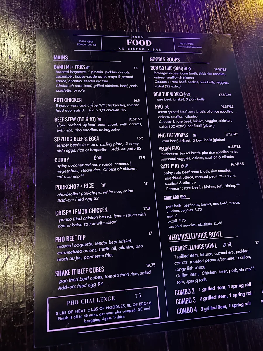 Menu, XO Bistro + Bar Downtown
