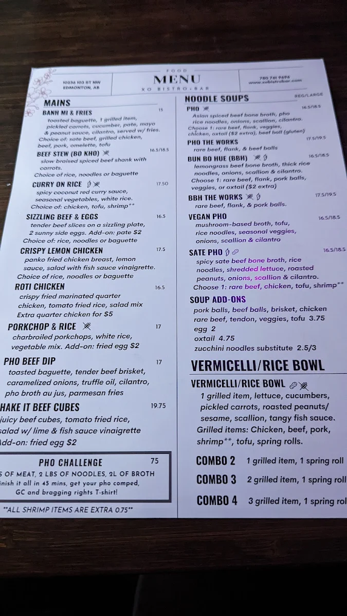 Menu, XO Bistro + Bar Downtown