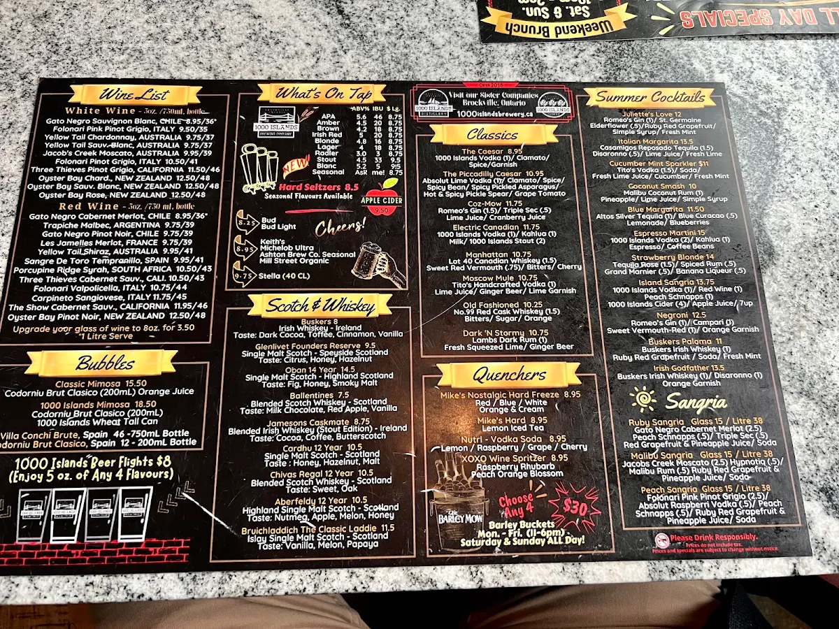 Menu, The Barley Mow (Merivale)