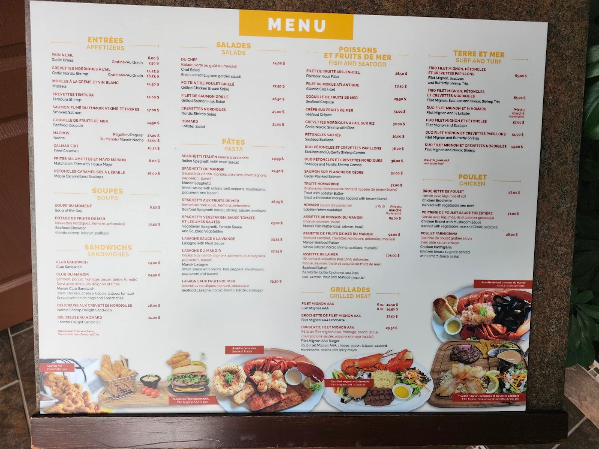 Menu, Motel et restaurant Manoir sur Mer Enr.
