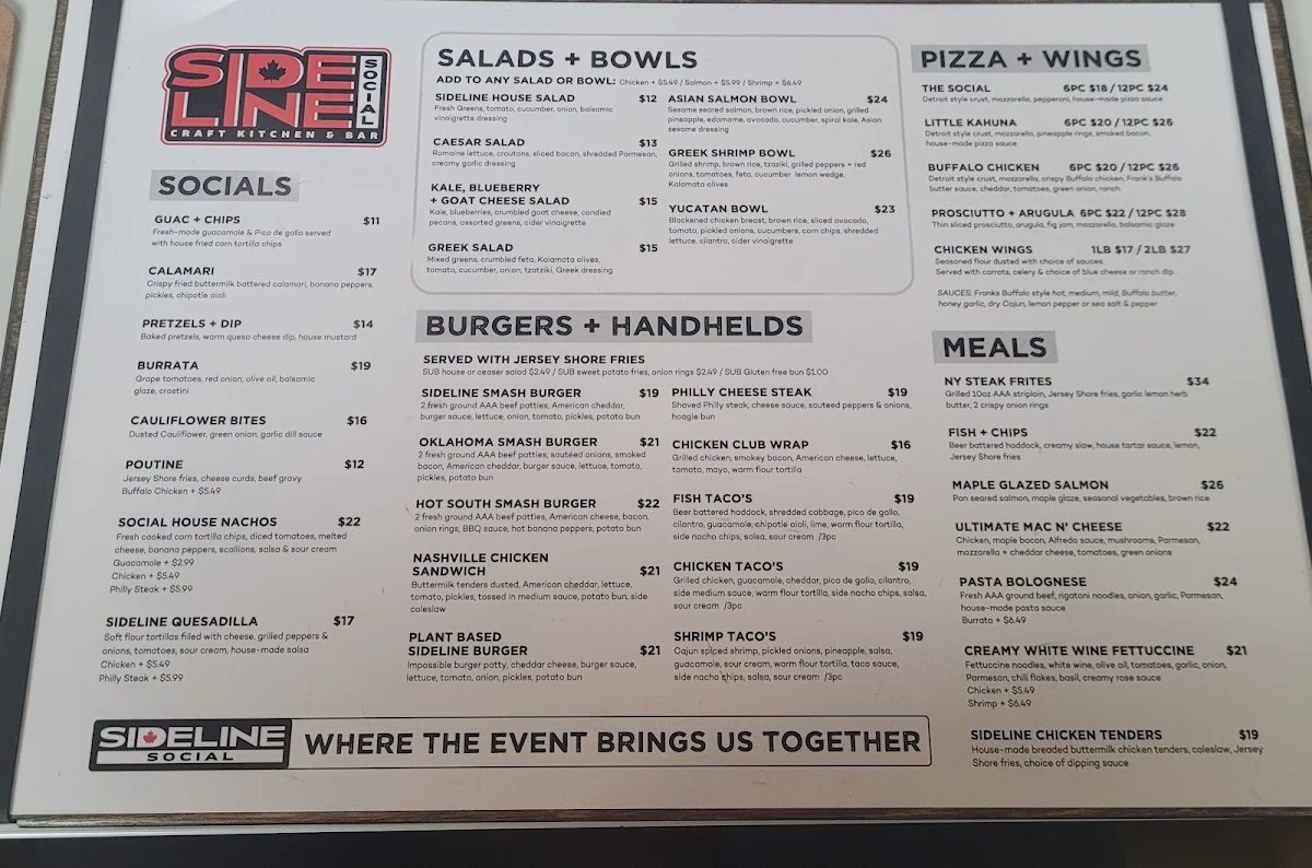 Menu, Sideline Social Craft Kitchen & Bar