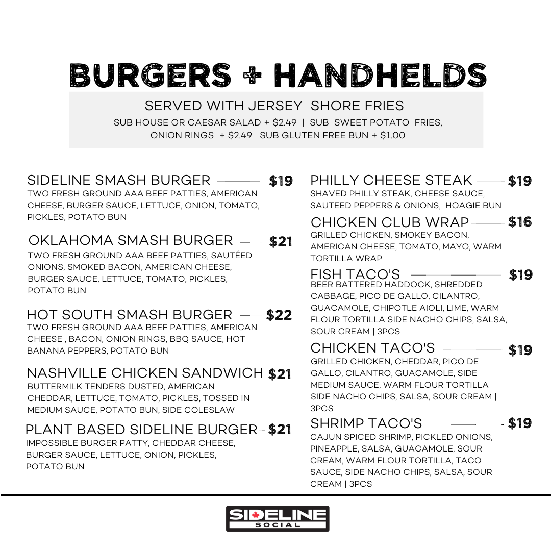 Menu, Sideline Social Craft Kitchen & Bar