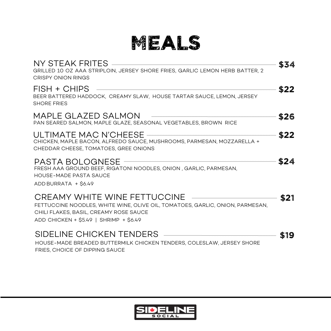Menu, Sideline Social Craft Kitchen & Bar