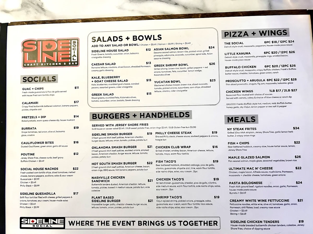 Menu, Sideline Social Craft Kitchen & Bar
