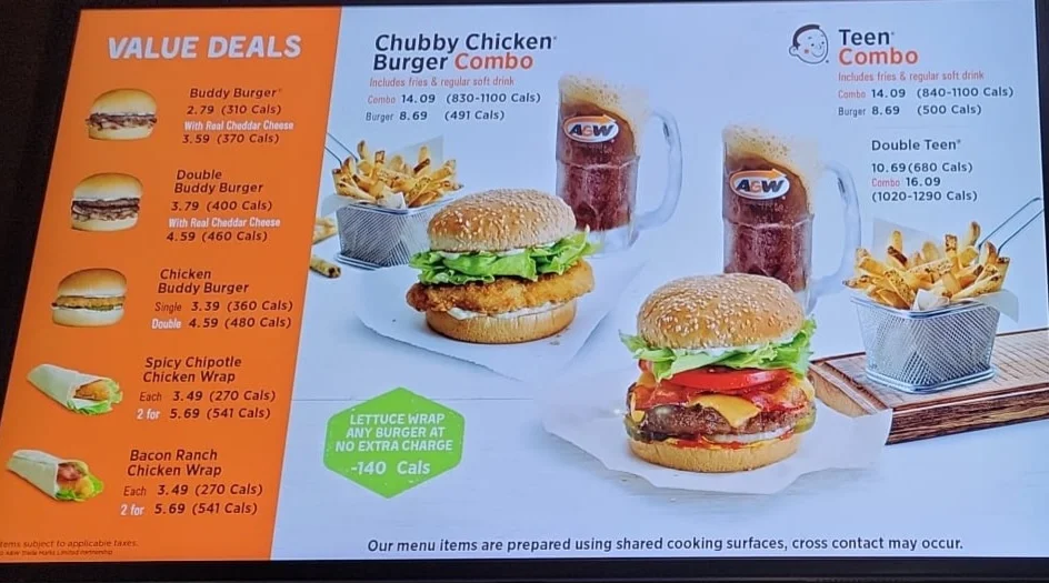 Menu, A&W Canada
