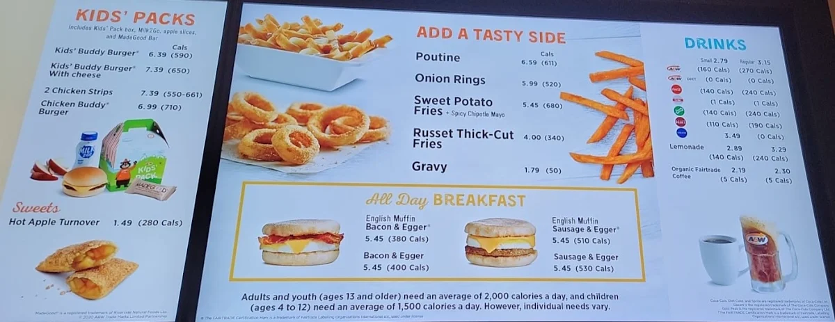 Menu, A&W Canada