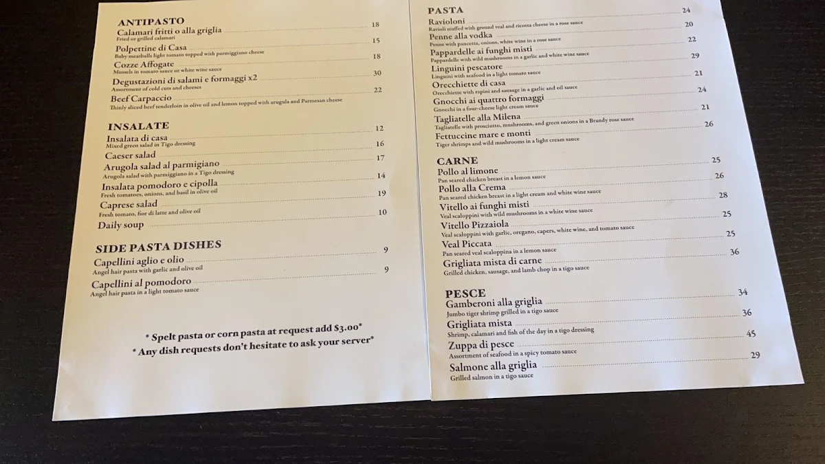 Menu, Tigo Trattoria Woodbridge
