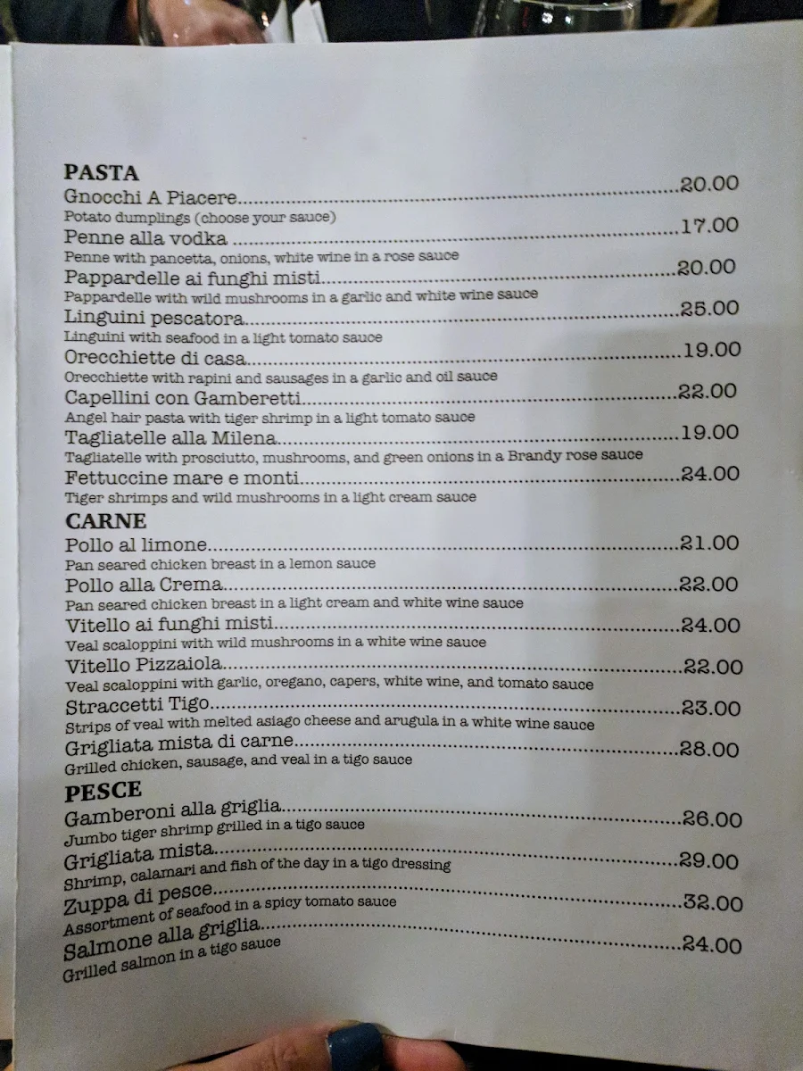 Menu, Tigo Trattoria Woodbridge