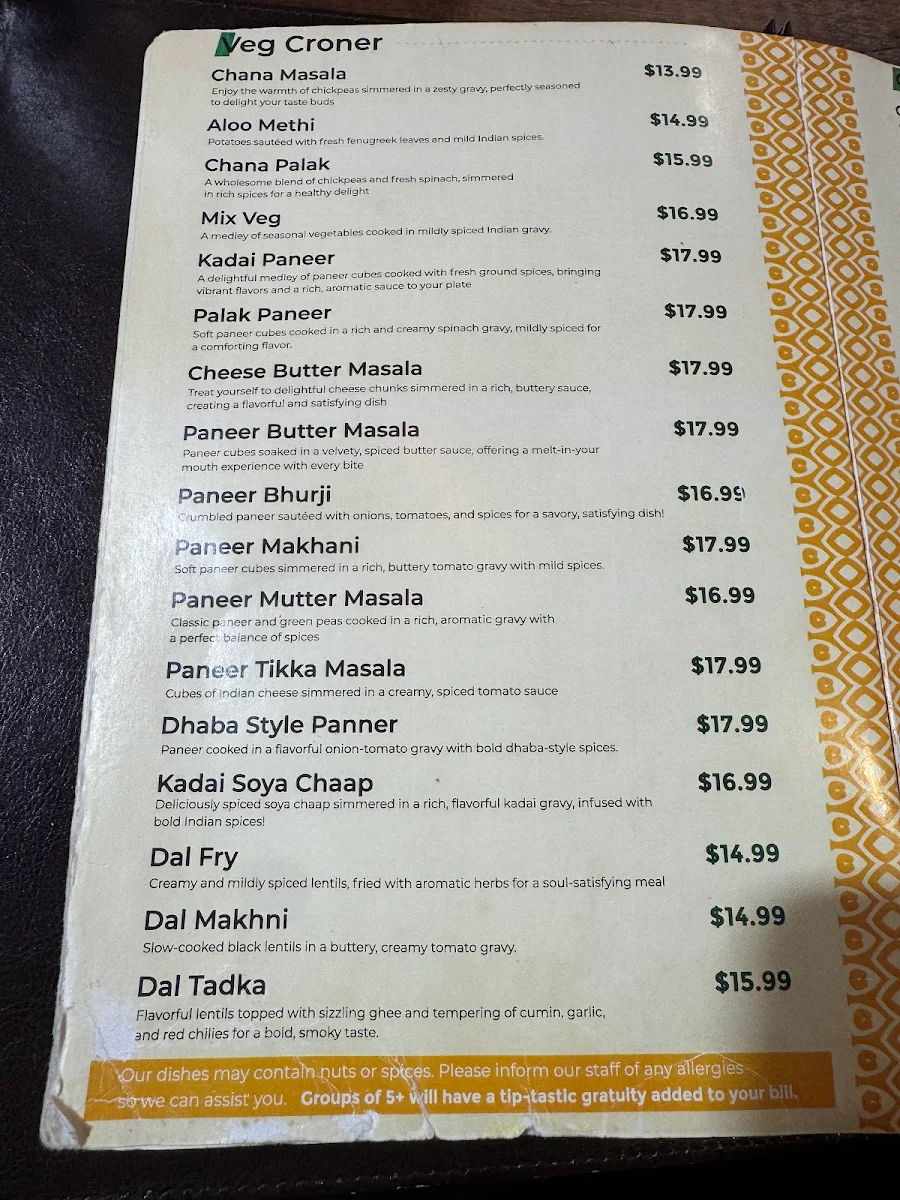 Menu, Indian Spice