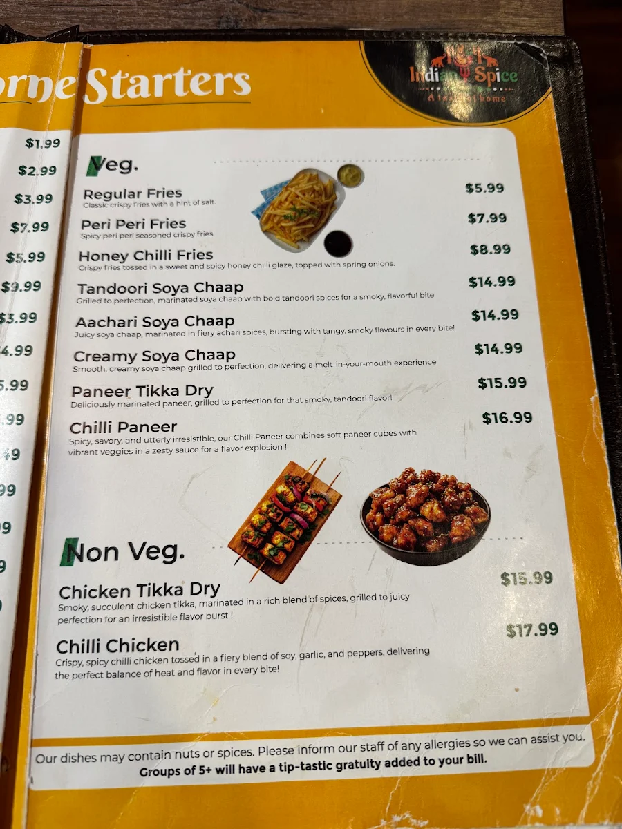 Menu, Indian Spice