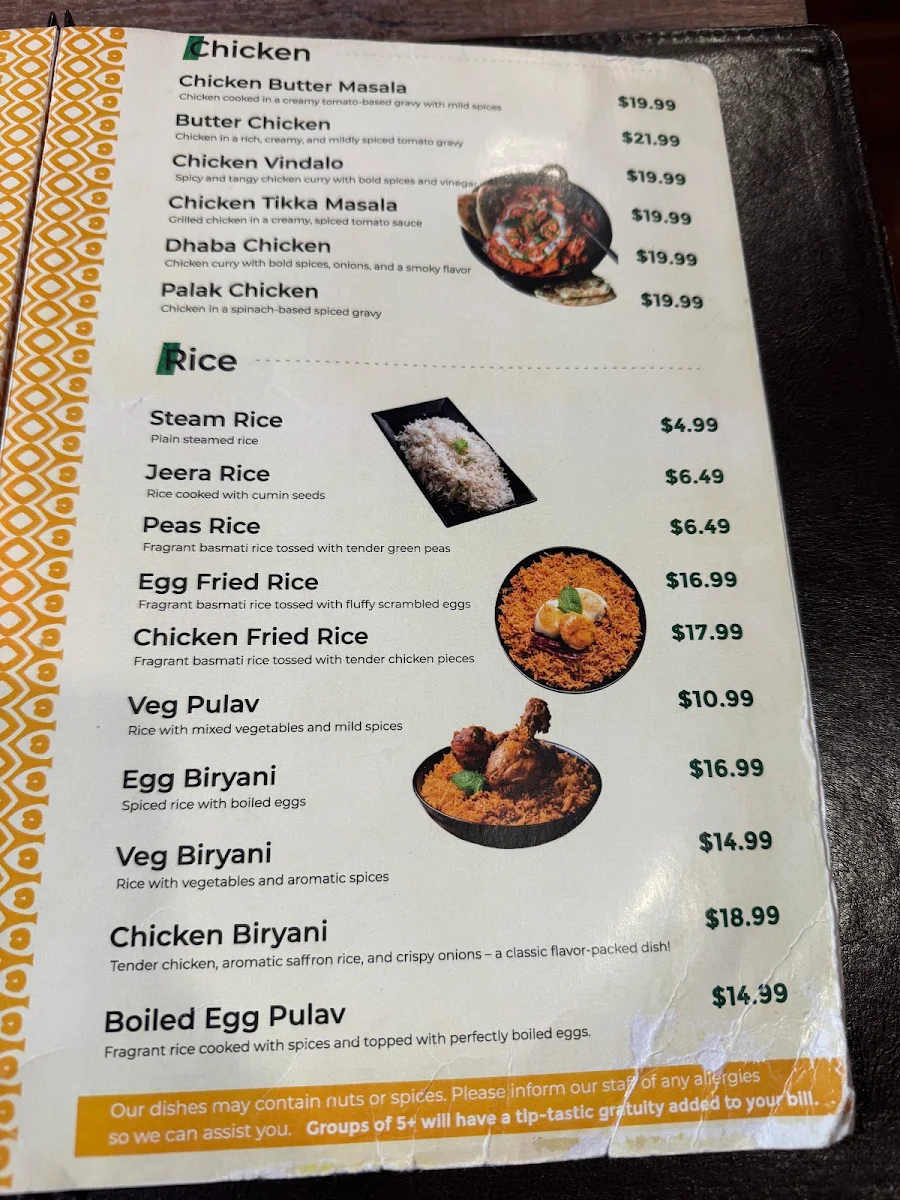 Menu, Indian Spice