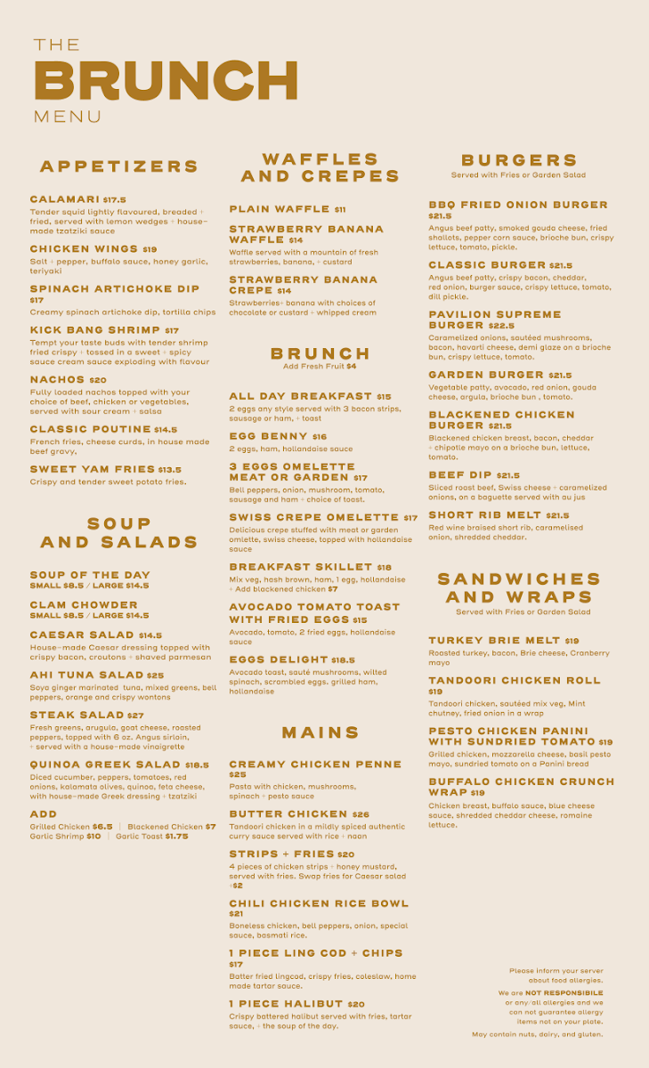 Menu, Pavilion Restaurant