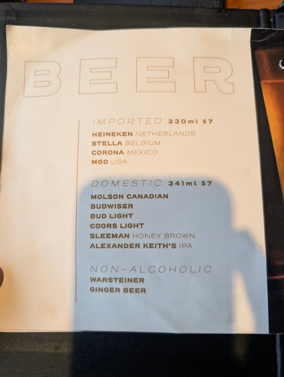 Menu, Pavilion Restaurant