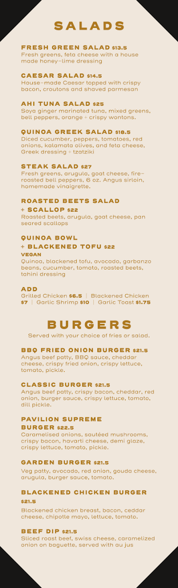 Menu, Pavilion Restaurant