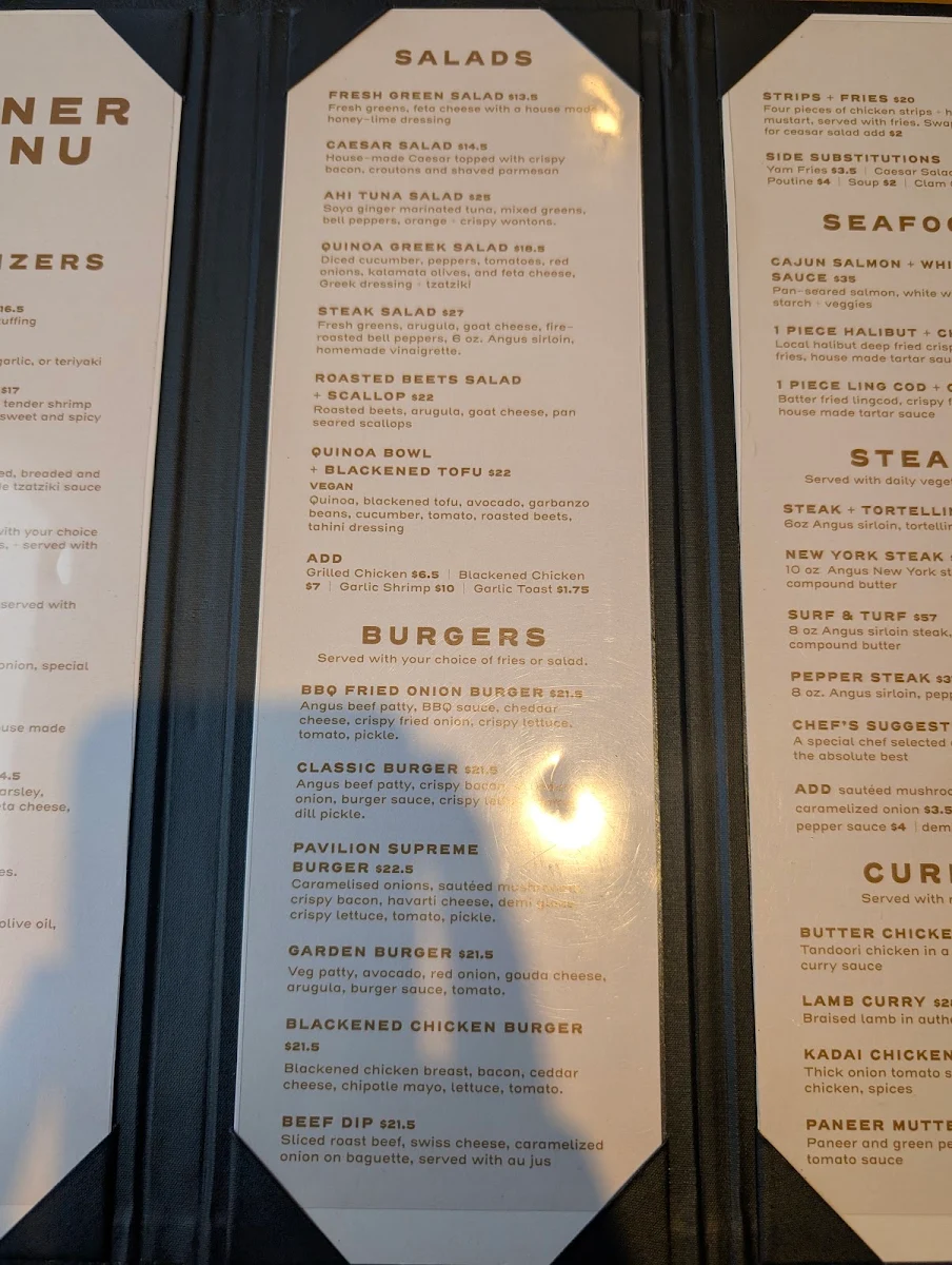 Menu, Pavilion Restaurant