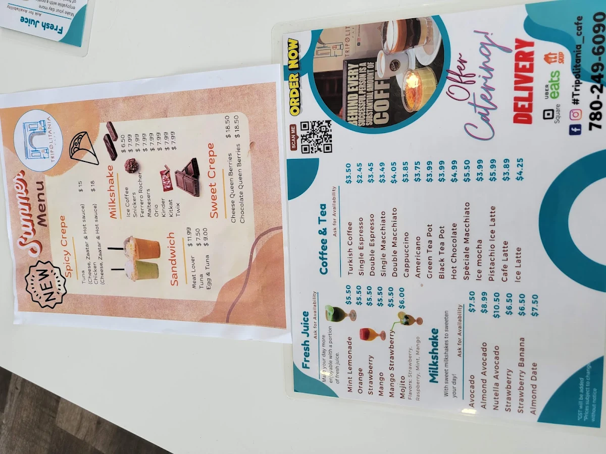 Menu, Tripolitania Cafe