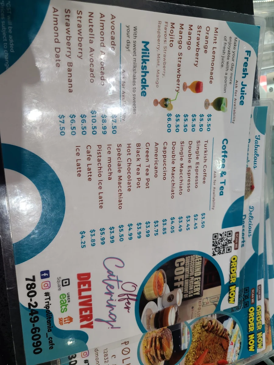 Menu, Tripolitania Cafe