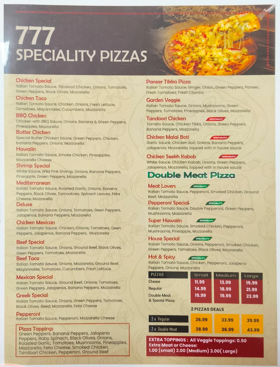 Menu, 777 Pizza & Fritou Fried Chicken