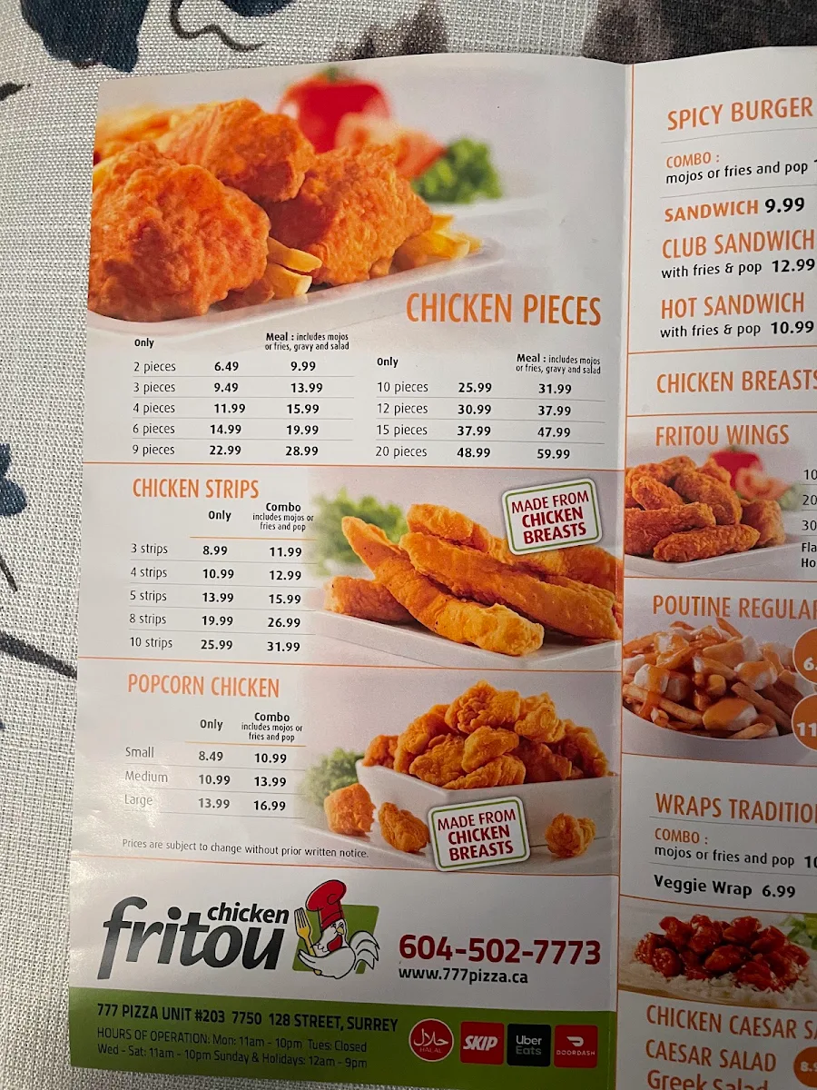 Menu, 777 Pizza & Fritou Fried Chicken
