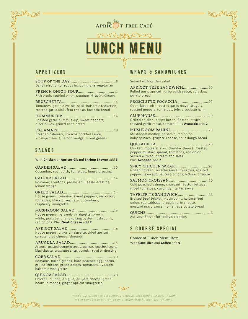 Menu, The Apricot Tree Cafe