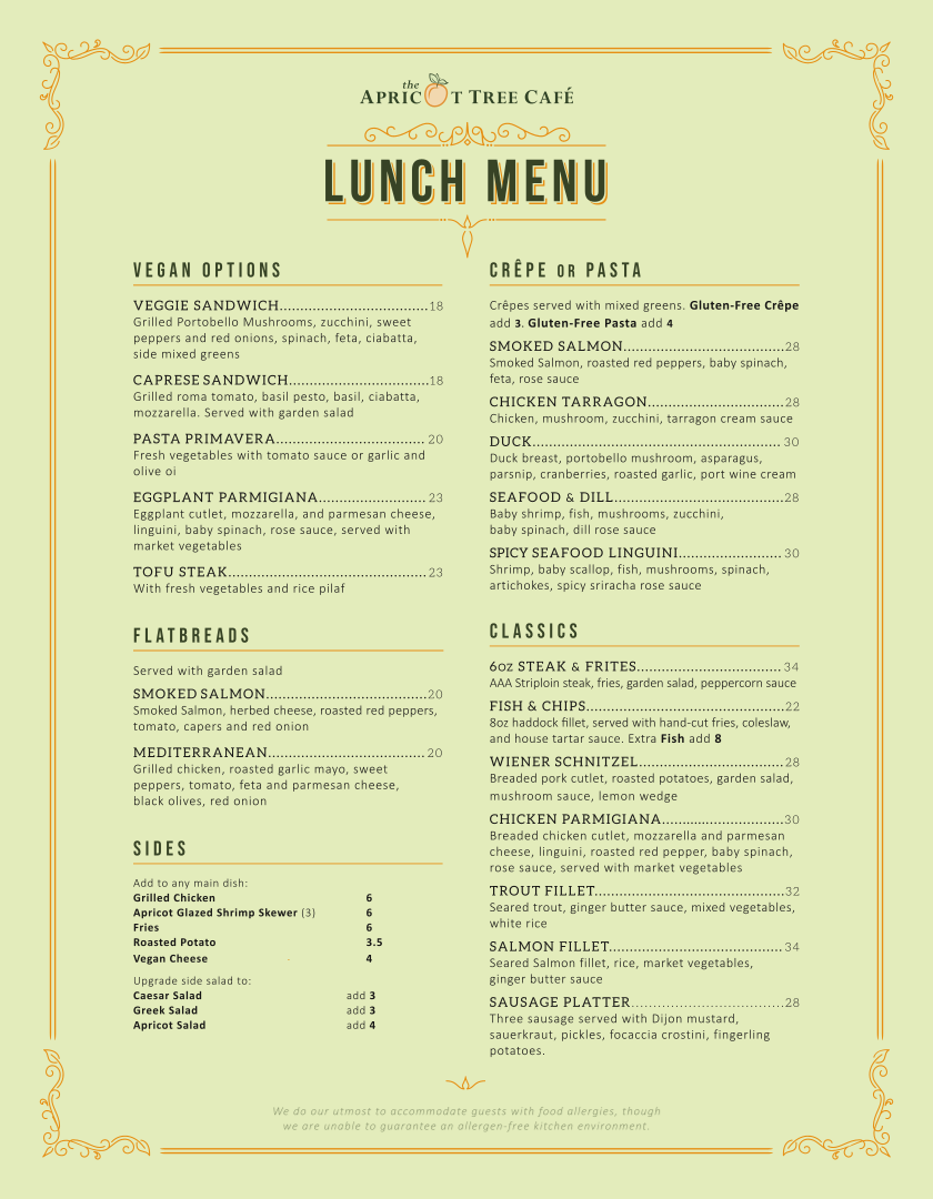 Menu, The Apricot Tree Cafe