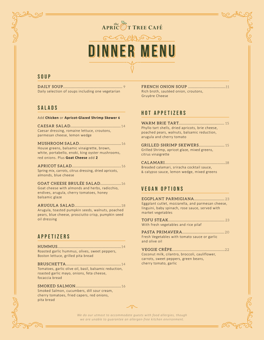 Menu, The Apricot Tree Cafe