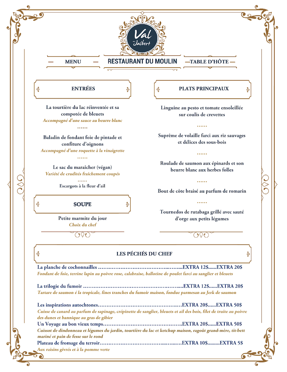 Menu, Restaurant du moulin (Val-Jalbert)