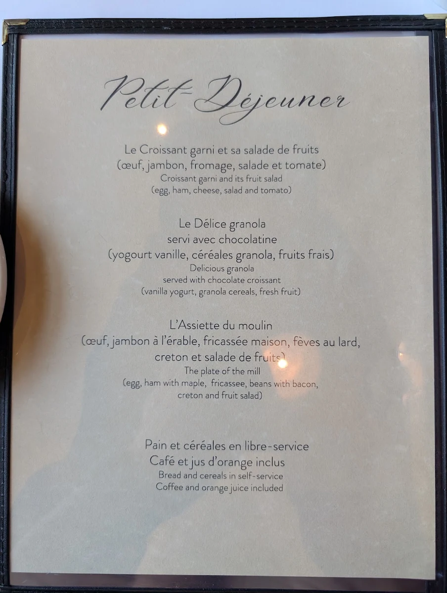 Menu, Restaurant du moulin (Val-Jalbert)