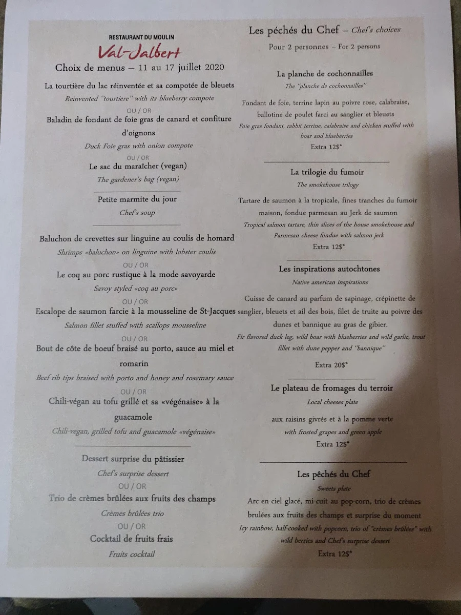 Menu, Restaurant du moulin (Val-Jalbert)