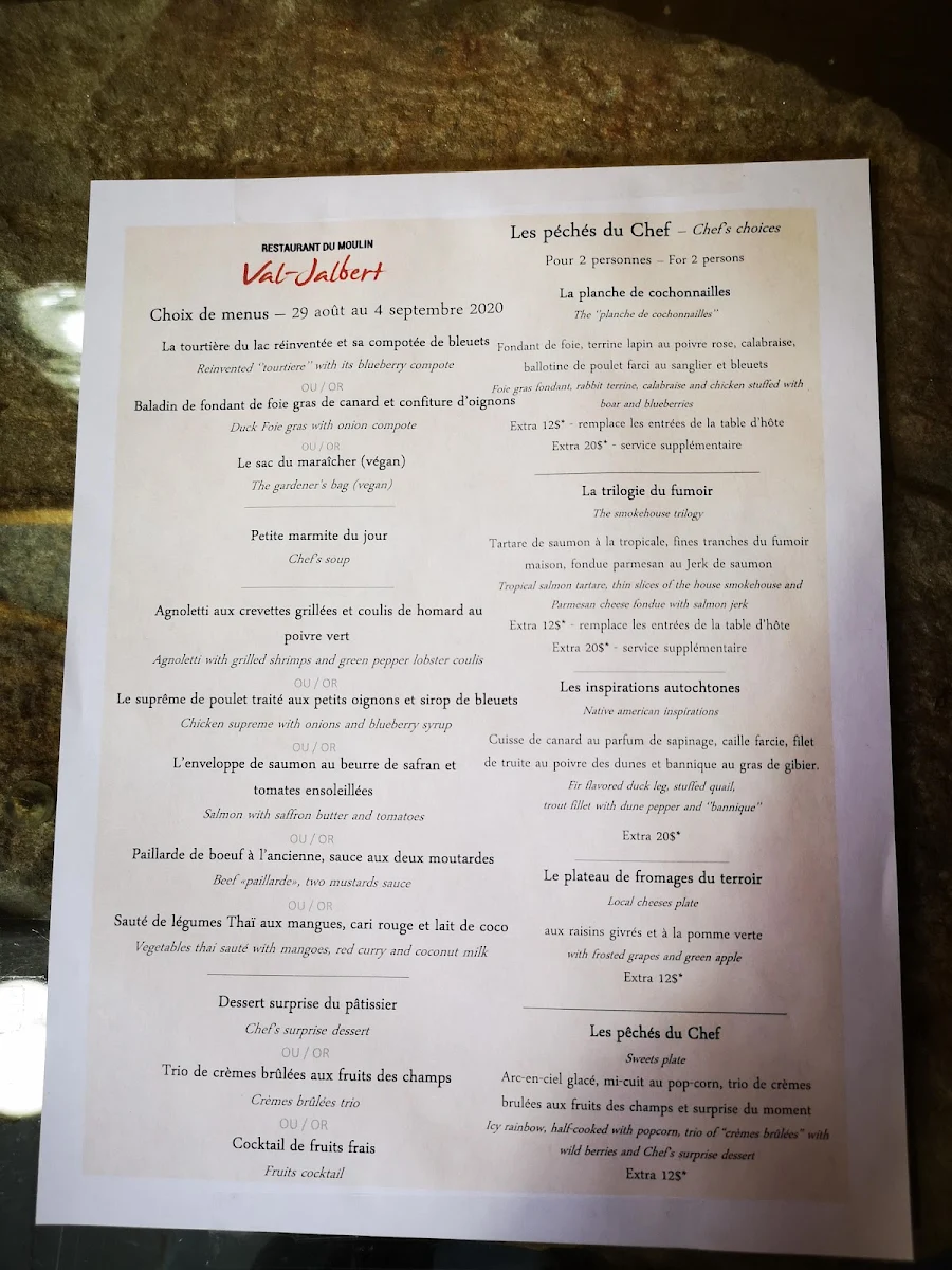 Menu, Restaurant du moulin (Val-Jalbert)