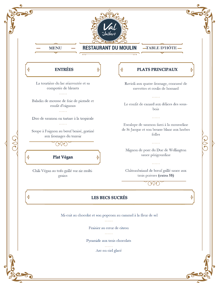 Menu, Restaurant du moulin (Val-Jalbert)