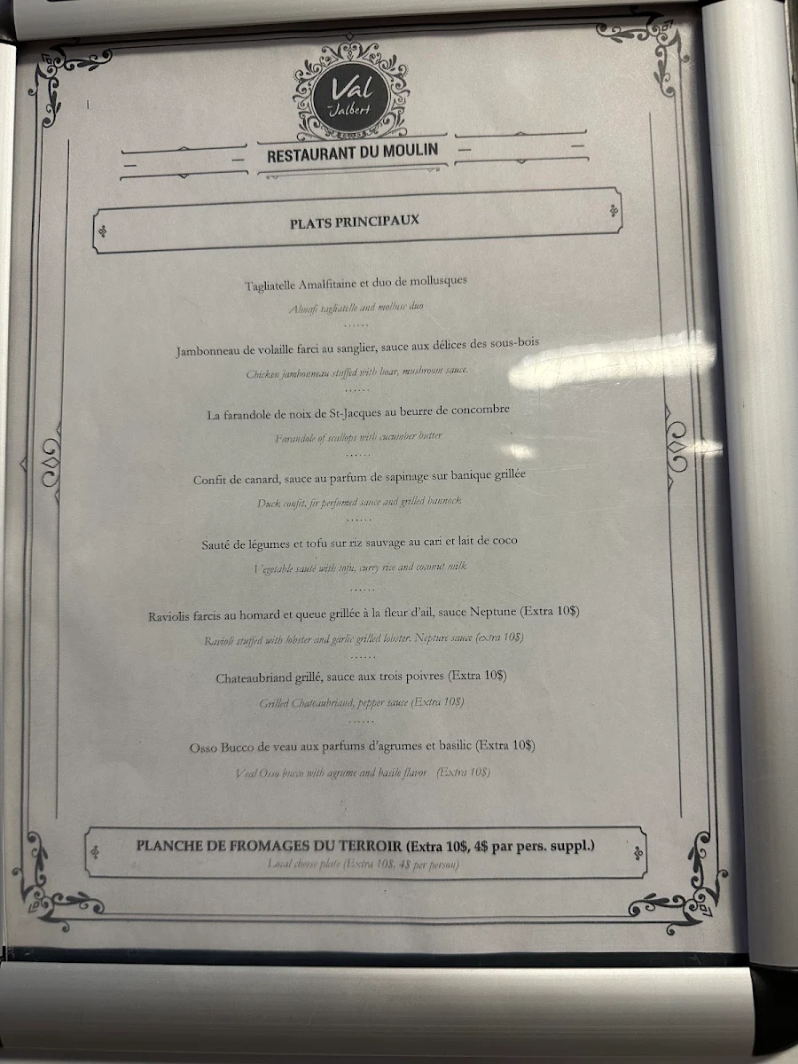 Menu, Restaurant du moulin (Val-Jalbert)