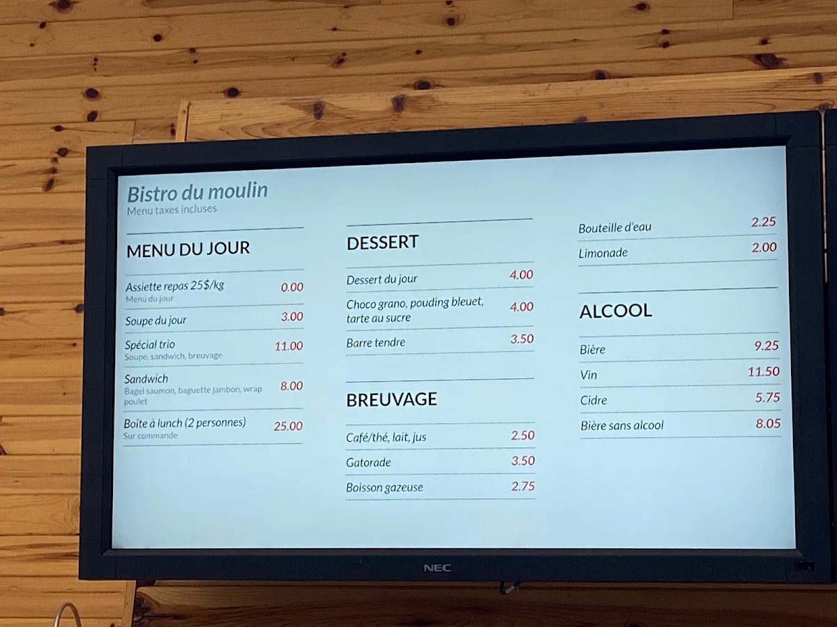 Menu, Restaurant du moulin (Val-Jalbert)