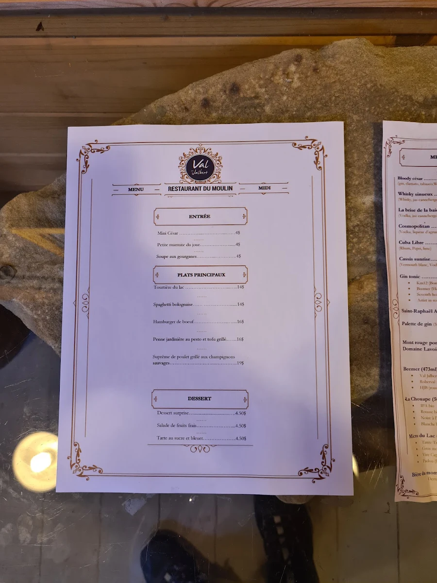 Menu, Restaurant du moulin (Val-Jalbert)