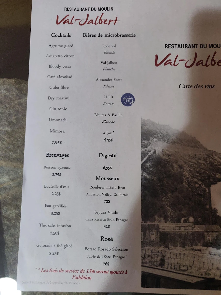 Menu, Restaurant du moulin (Val-Jalbert)