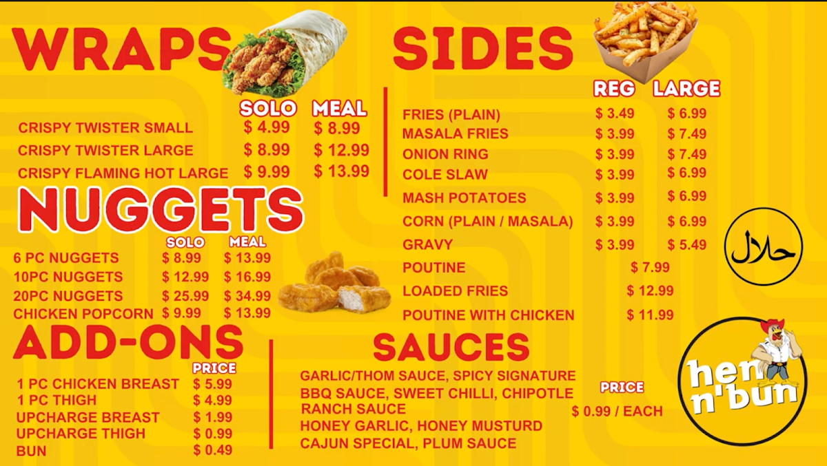 Menu, Hen n' bun - Brampton