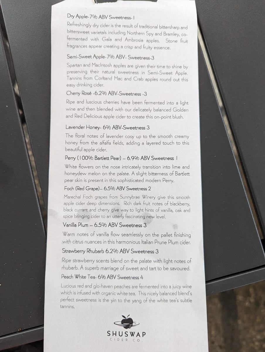Menu, Shuswap Cider Company