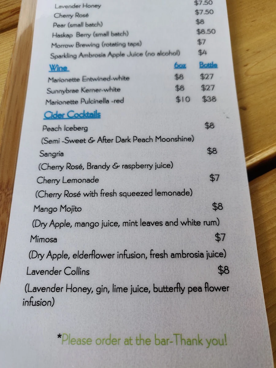 Menu, Shuswap Cider Company