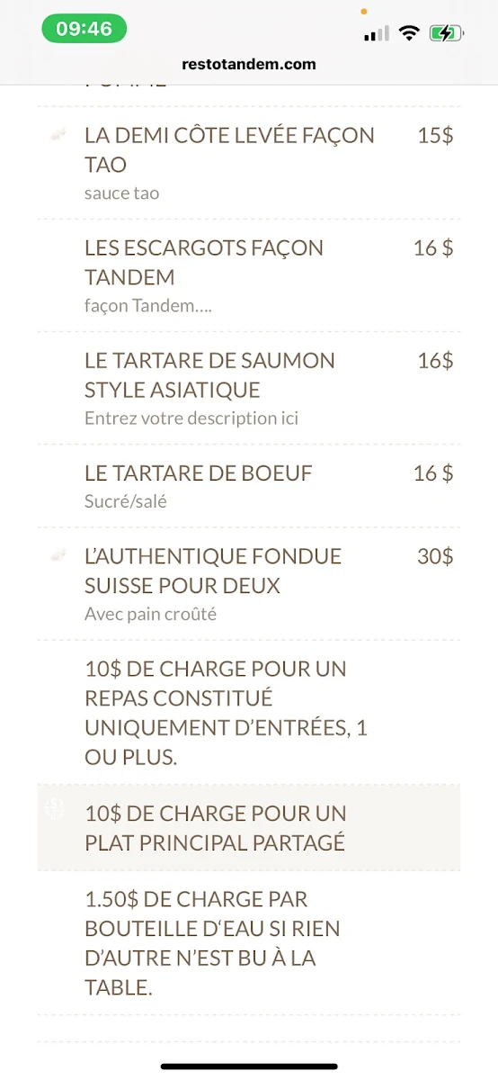 Menu, Resto Tandem