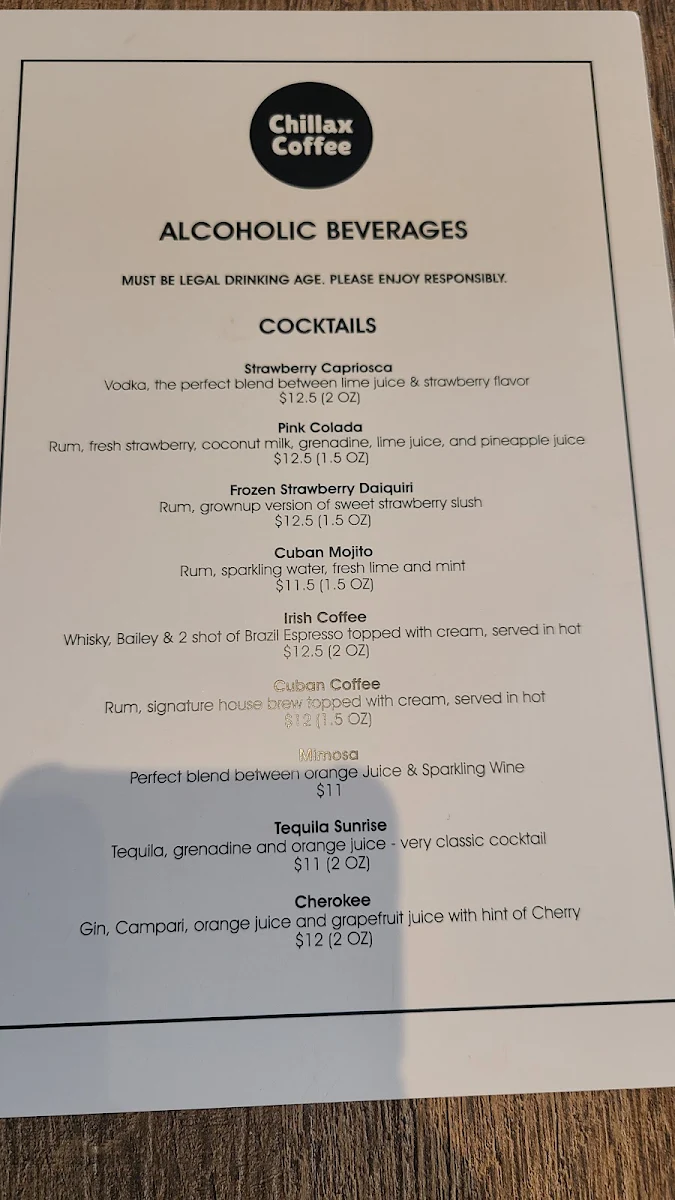Menu, Chillax Coffee