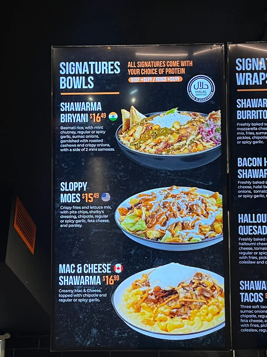 Menu, Shelby's Legendary Shawarma