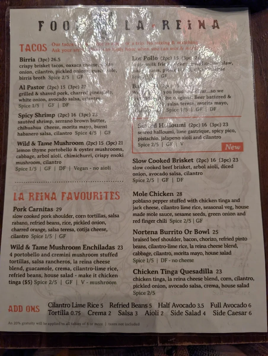 Menu, La Reina