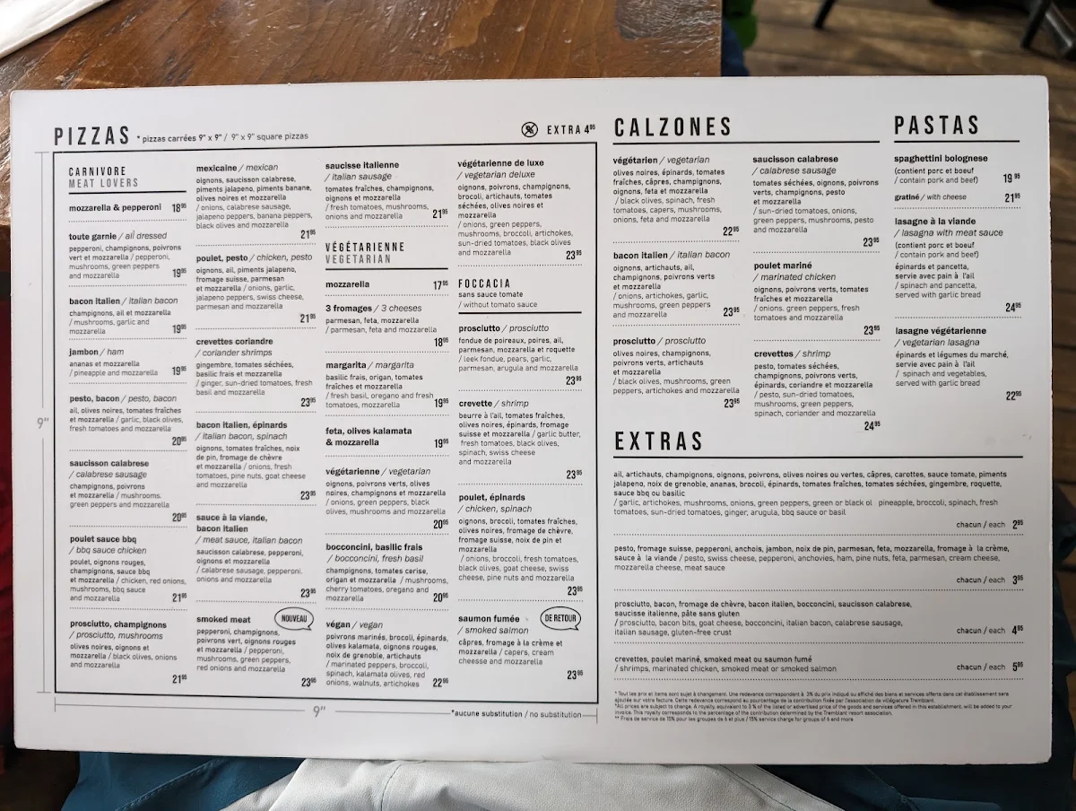 Menu, La Pizzateria