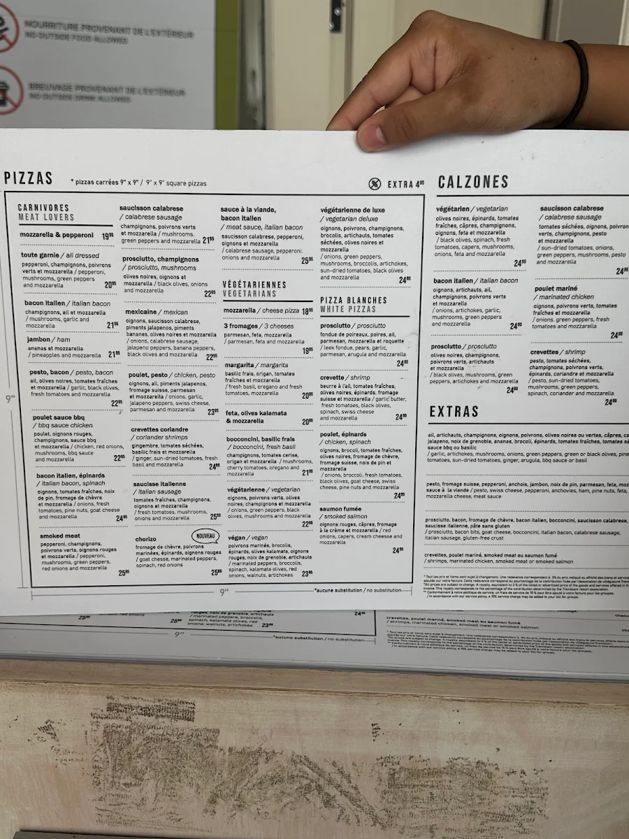 Menu, La Pizzateria
