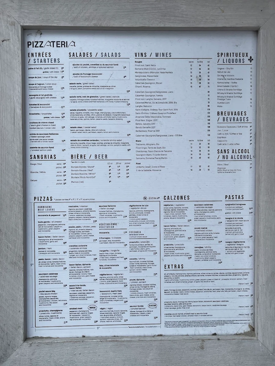Menu, La Pizzateria